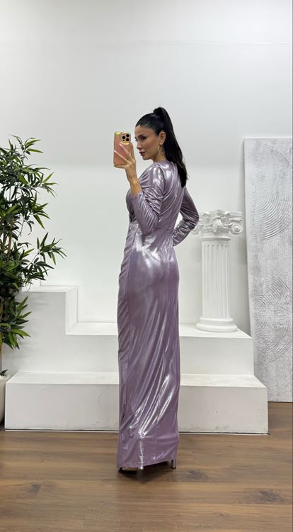 Lila V Yaka Metalik Abiye Elbise