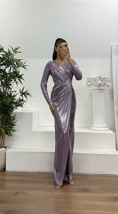 Lila V Yaka Metalik Abiye Elbise