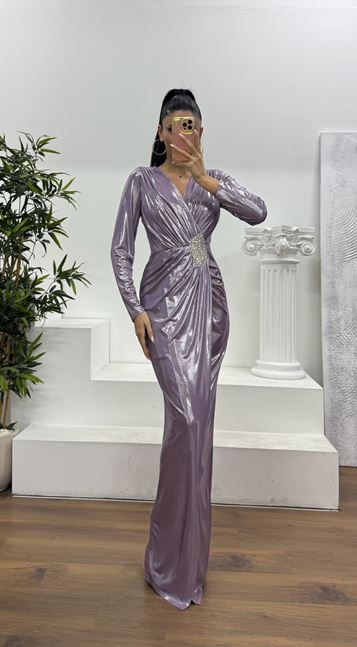 Lila V Yaka Metalik Abiye Elbise