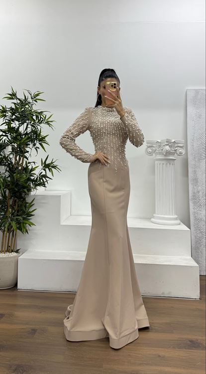 Bej İnci İşlemeli Abiye Elbise