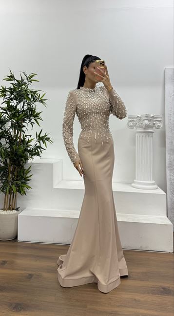 Bej İnci İşlemeli Abiye Elbise