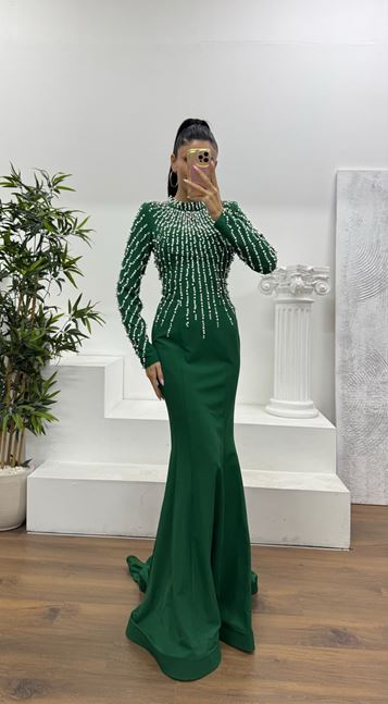 Yeşil İnci İşlemeli Abiye Elbise