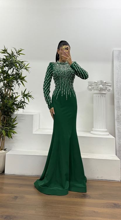 Yeşil İnci İşlemeli Abiye Elbise