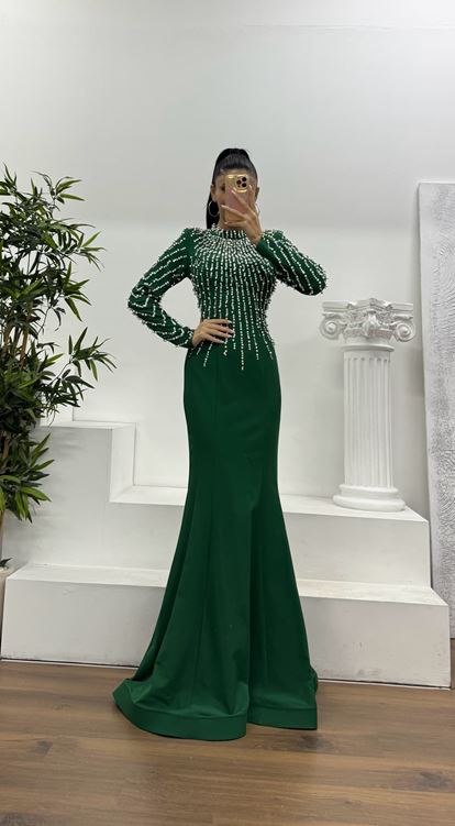 Yeşil İnci İşlemeli Abiye Elbise