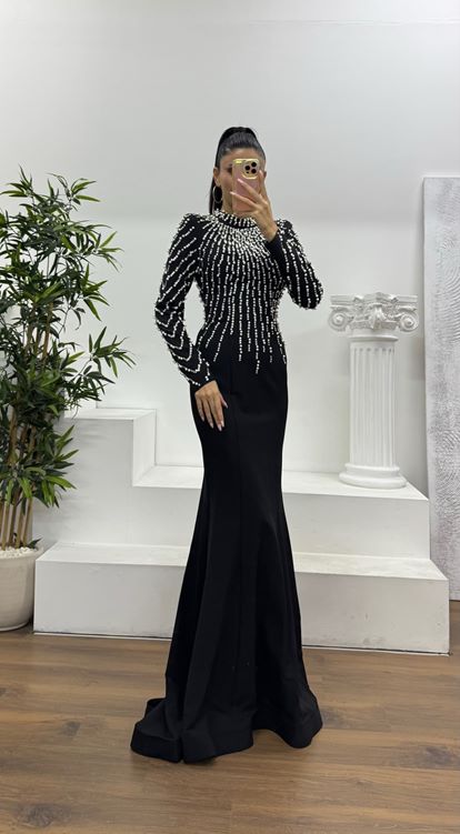 Siyah İnci İşlemeli Abiye Elbise