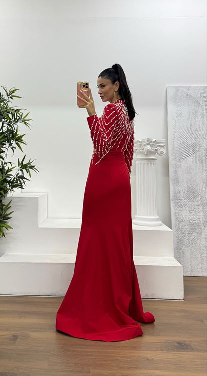 Kırmızı İnci İşlemeli Abiye Elbise