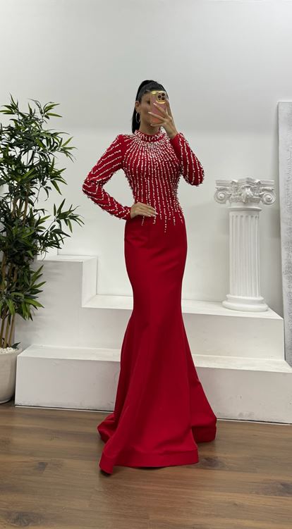 Kırmızı İnci İşlemeli Abiye Elbise