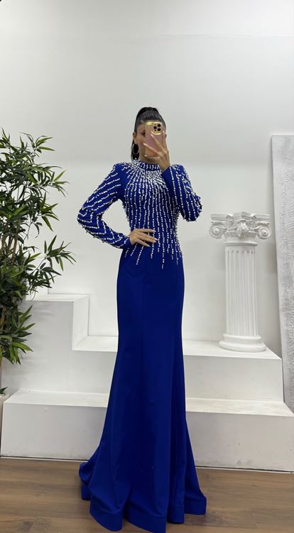 Saks İnci İşlemeli Abiye Elbise