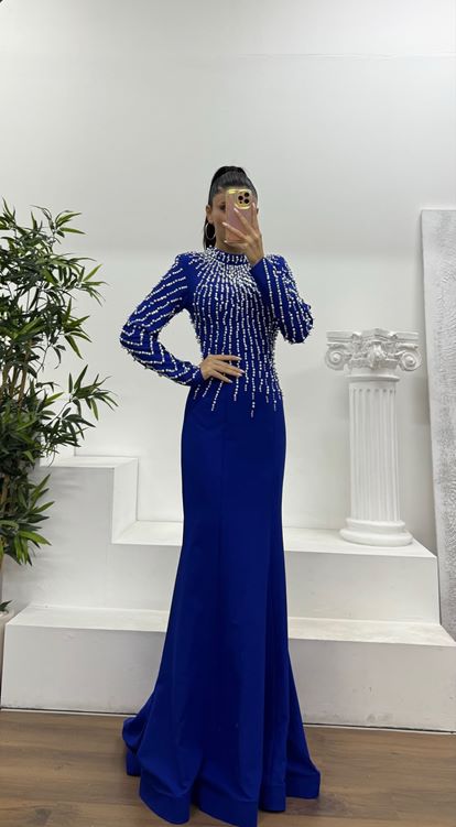 Saks İnci İşlemeli Abiye Elbise