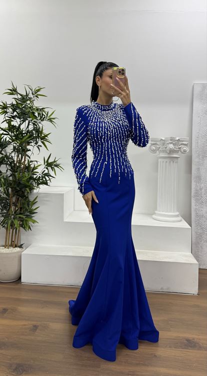 Saks İnci İşlemeli Abiye Elbise