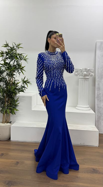 Saks İnci İşlemeli Abiye Elbise