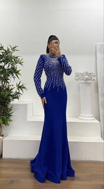 Saks İnci İşlemeli Abiye Elbise