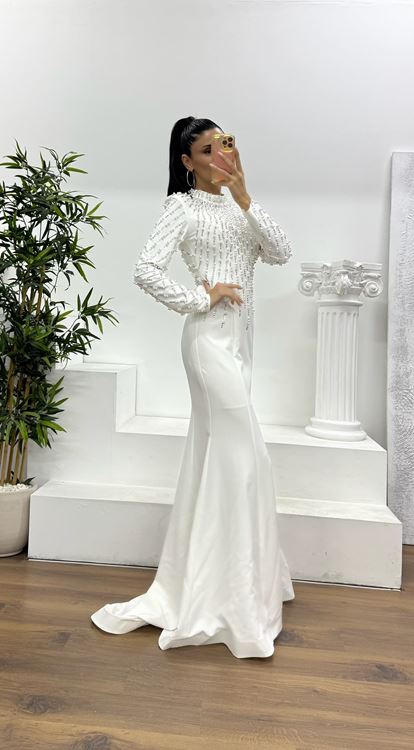 Ekru İnci İşlemeli Abiye Elbise