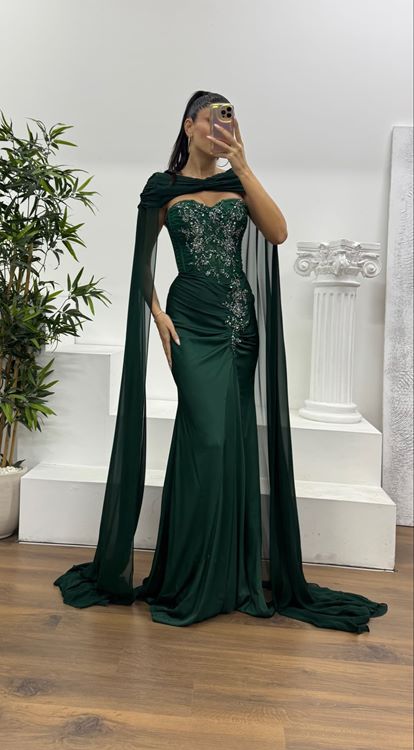 Yeşil Göğüs Taş Detay Tasarım Abiye Elbise