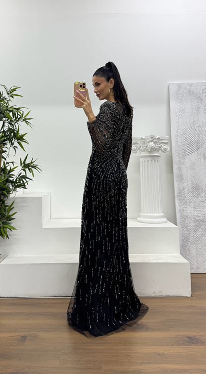 Siyah Transparan Detay İşleme Detay Abiye Elbise