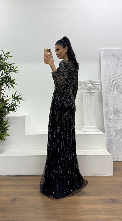 Siyah Transparan Detay İşleme Detay Abiye Elbise