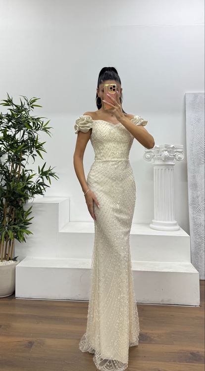 Bej Balon Kol İşlemeli Abiye Elbise