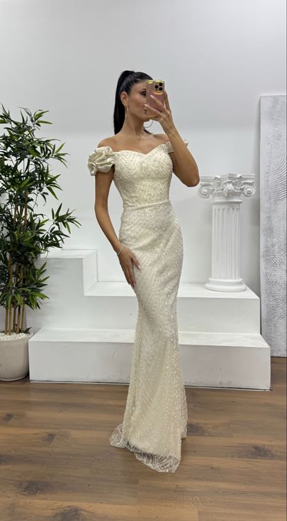 Bej Balon Kol İşlemeli Abiye Elbise