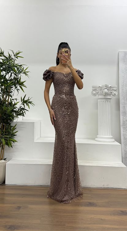 Kahve Balon Kol İşlemeli Abiye Elbise