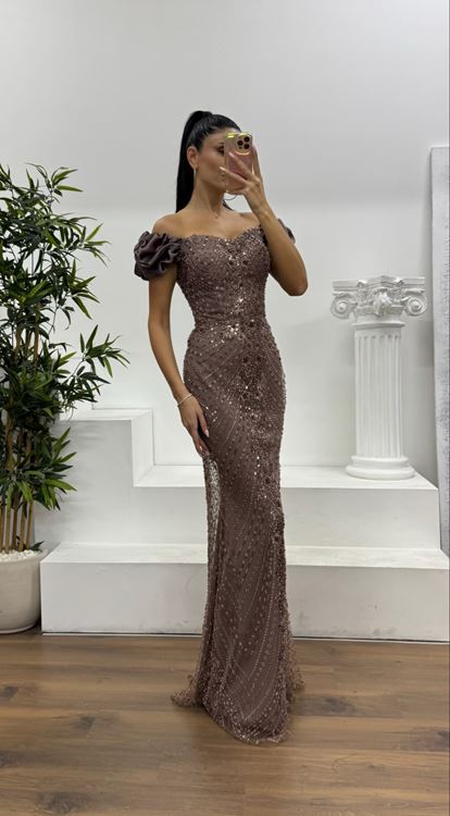 Kahve Balon Kol İşlemeli Abiye Elbise