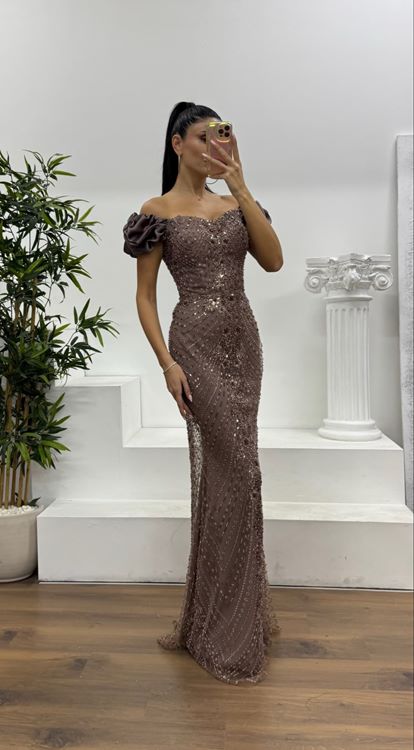 Kahve Balon Kol İşlemeli Abiye Elbise