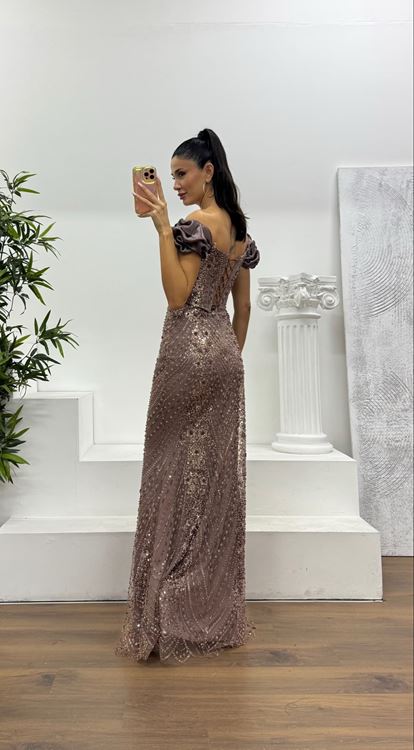 Kahve Balon Kol İşlemeli Abiye Elbise