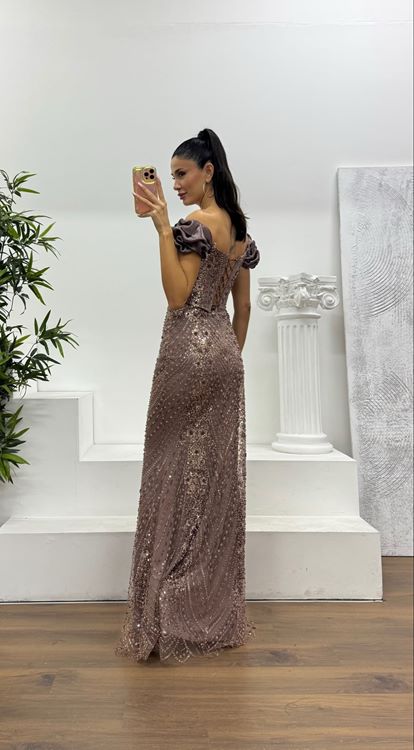 Kahve Balon Kol İşlemeli Abiye Elbise