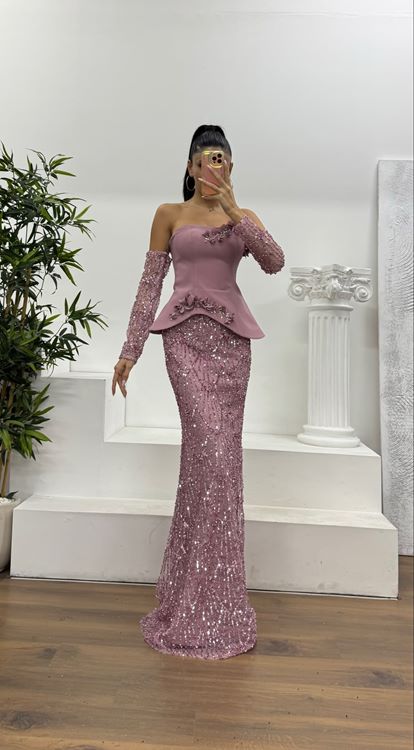 Pudra Straplez İşlemeli Abiye Elbise