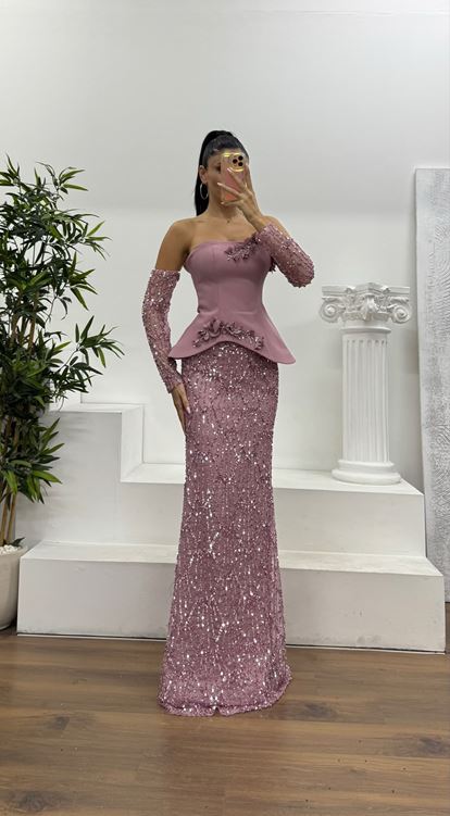 Pudra Straplez İşlemeli Abiye Elbise