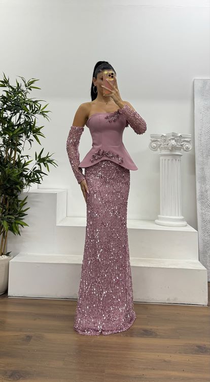 Pudra Straplez İşlemeli Abiye Elbise