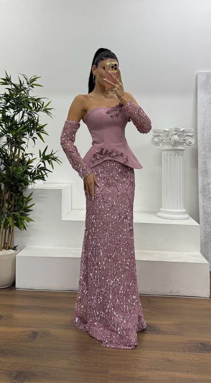 Pudra Straplez İşlemeli Abiye Elbise