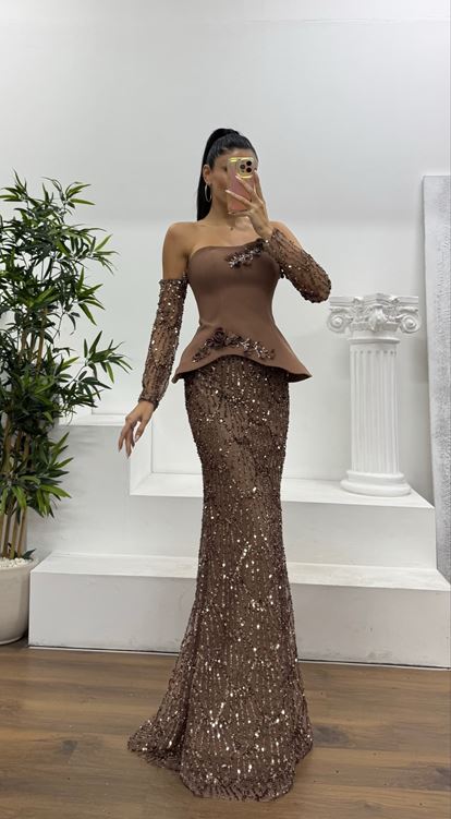 Bakır Straplez İşlemeli Abiye Elbise