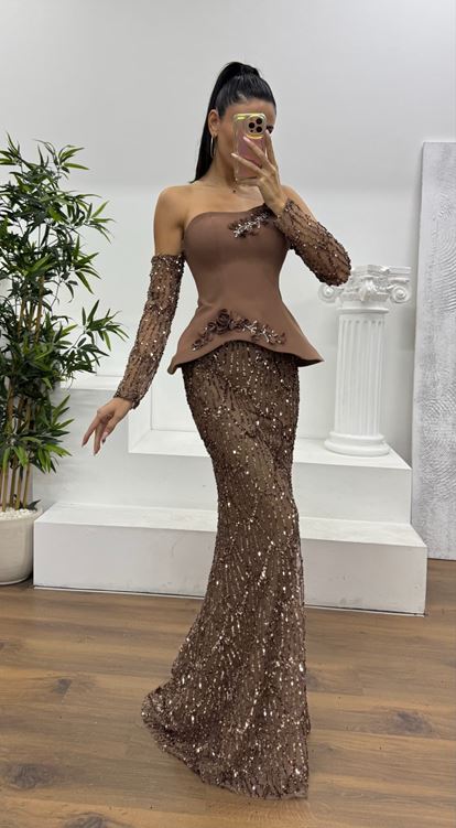 Bakır Straplez İşlemeli Abiye Elbise