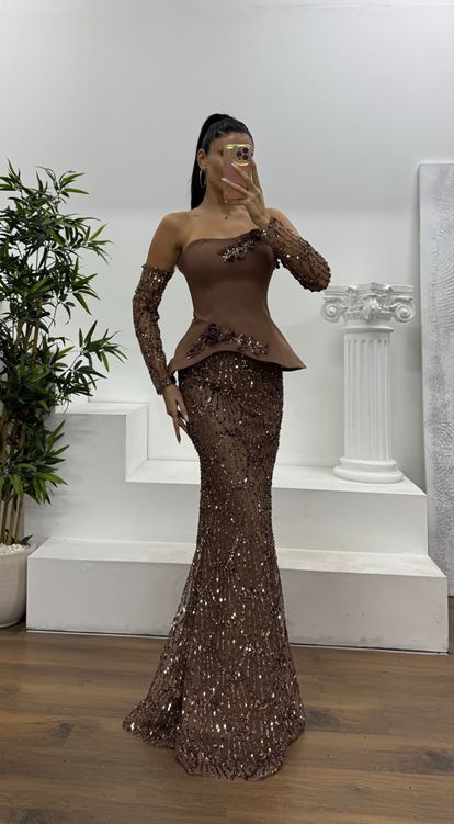 Bakır Straplez İşlemeli Abiye Elbise