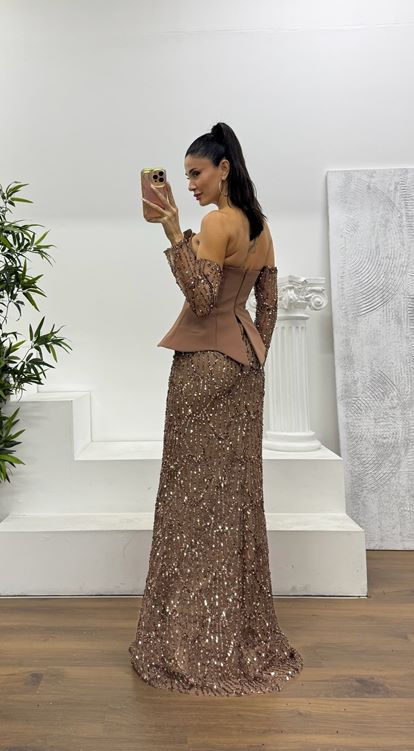 Bakır Straplez İşlemeli Abiye Elbise