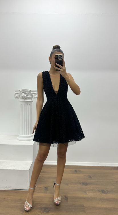 Siyah Gül Dokulu Özel Tasarım Mini Abiye Elbise