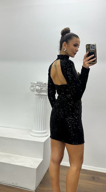 Siyah Payet Drapeli Göğüs Dekolteli Mini Özel Tasarım Abiye Elbise