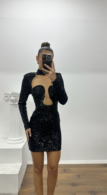 Siyah Payet Drapeli Göğüs Dekolteli Mini Özel Tasarım Abiye Elbise