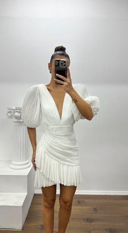 Beyaz Balon Kol Plise Detaylı Mini Özel Tasarım Abiye Elbise