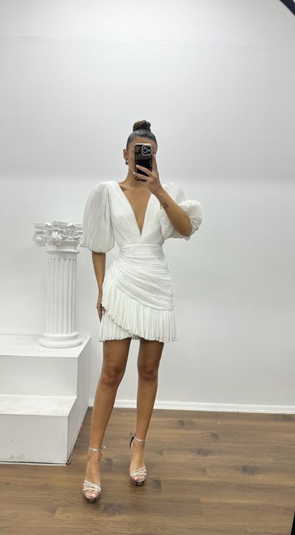 Beyaz Balon Kol Plise Detaylı Mini Özel Tasarım Abiye Elbise