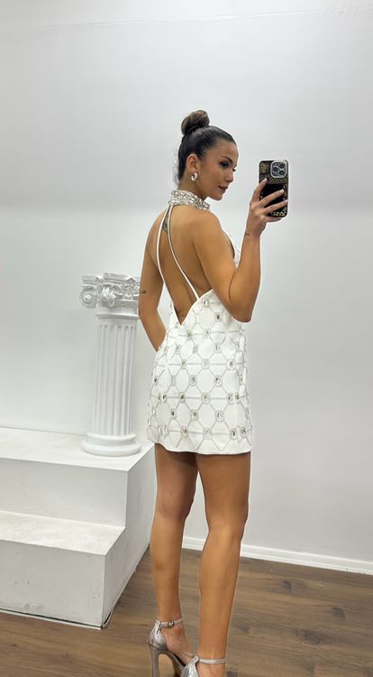 Beyaz Taş Detaylı Halter Yaka Mini Özel Tasarım Abiye Elbise