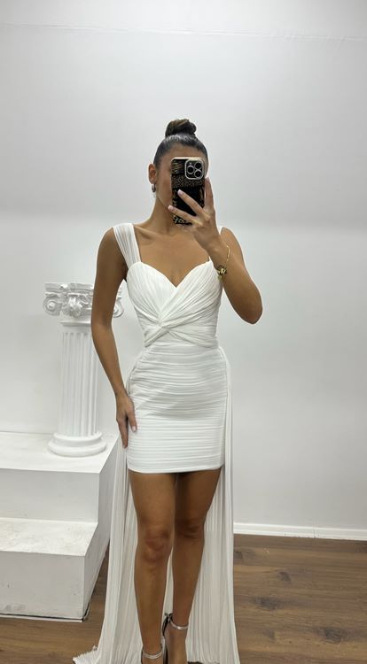 Beyaz Çapraz Tasarım Drapeli Özel Tasarım Abiye Elbise