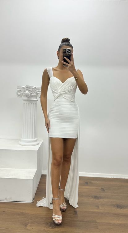 Beyaz Çapraz Tasarım Drapeli Özel Tasarım Abiye Elbise