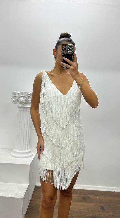 Beyaz Saçaklı Mini Özel Tasarım Abiye Elbise