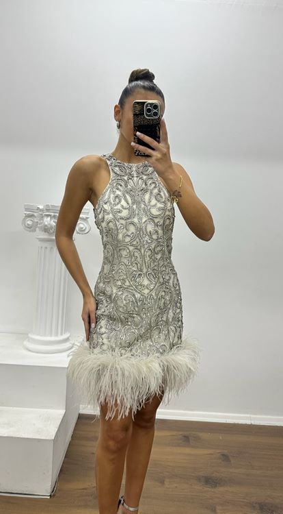 Beyaz Taş İşlemeli Tüy Detay Özel Tasarım Abiye Elbise