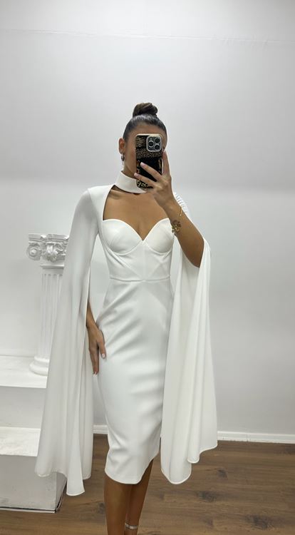 Beyaz Pelerin Kollu Bustier Detaylı Midi Boy Özel Tasarım Abiye Elbise