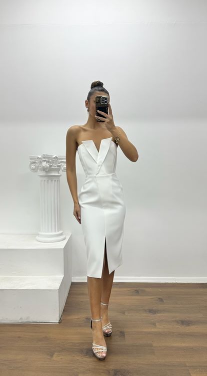 Beyaz Straplez Mini Özel Tasarım Abiye Elbise
