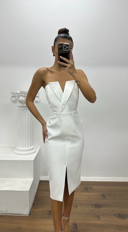 Beyaz Straplez Mini Özel Tasarım Abiye Elbise