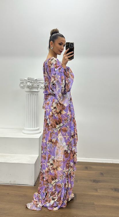 Vestido de noche de gasa de diseño especial con estampado floral lila