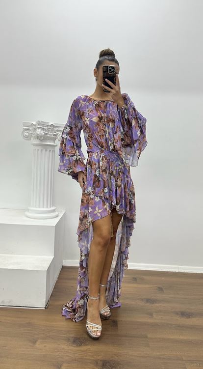 Vestido de noche de gasa de diseño especial con estampado floral lila